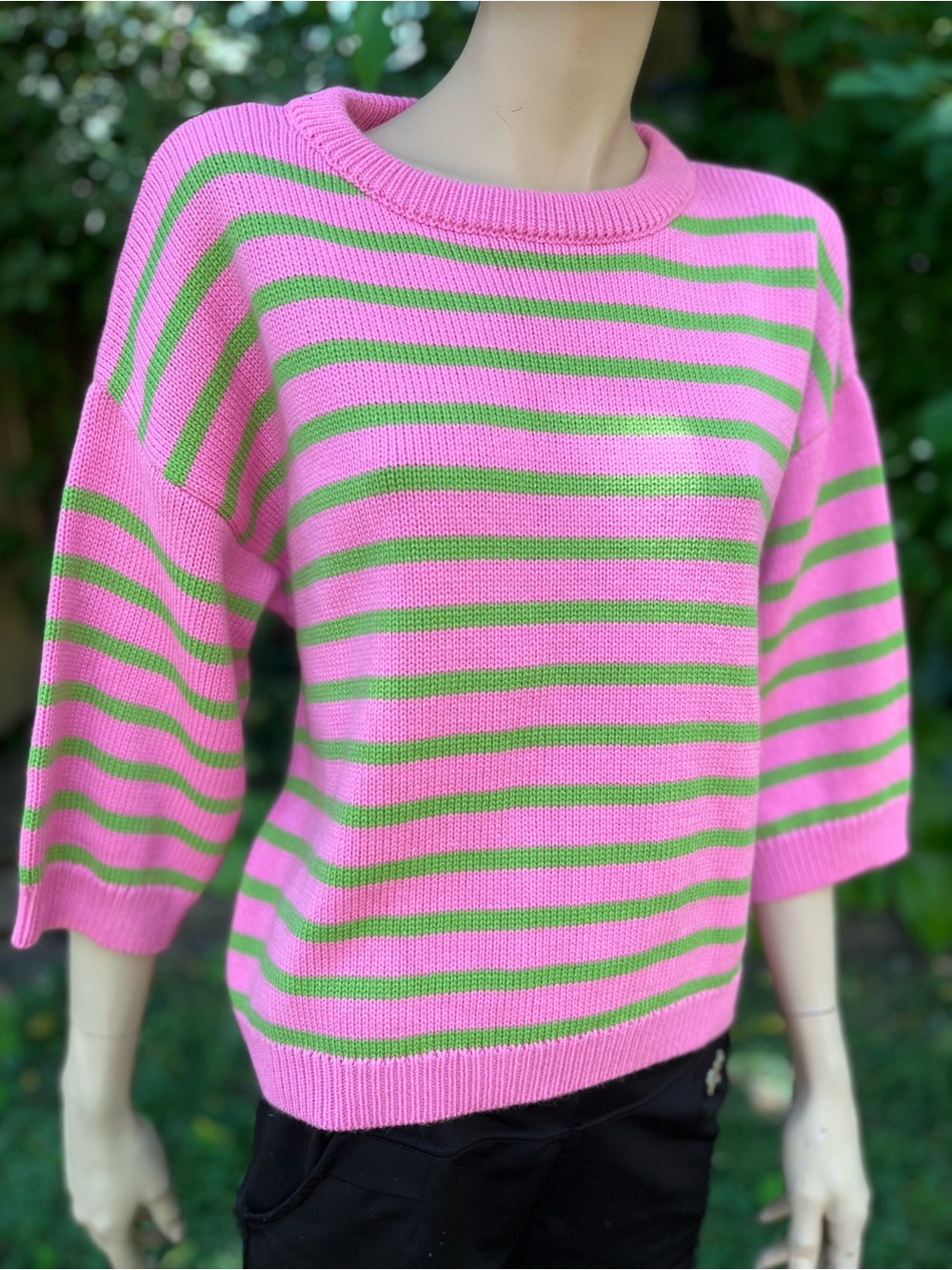 Zara Pink and Green Striped Crewneck Sweater